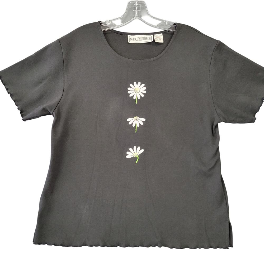 Needle Threads Black Shirt Preppy Embroidery Classic Short Sleeves Womens Size L